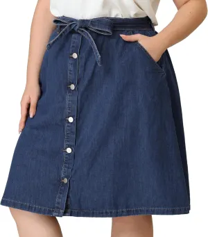 Agnes Orinda Plus Size Women's Denim Skirts Tie Waist A-Line with Pockets Midi Summer Jeans Skirts