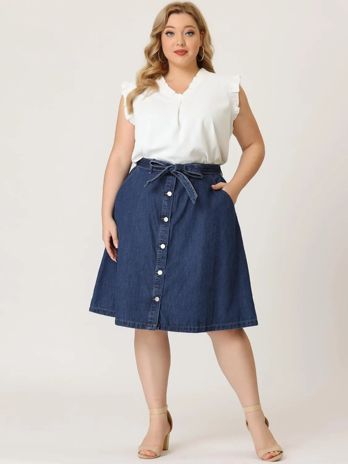 Agnes Orinda Plus Size Women's Denim Skirts Tie Waist A-Line with Pockets Midi Summer Jeans Skirts