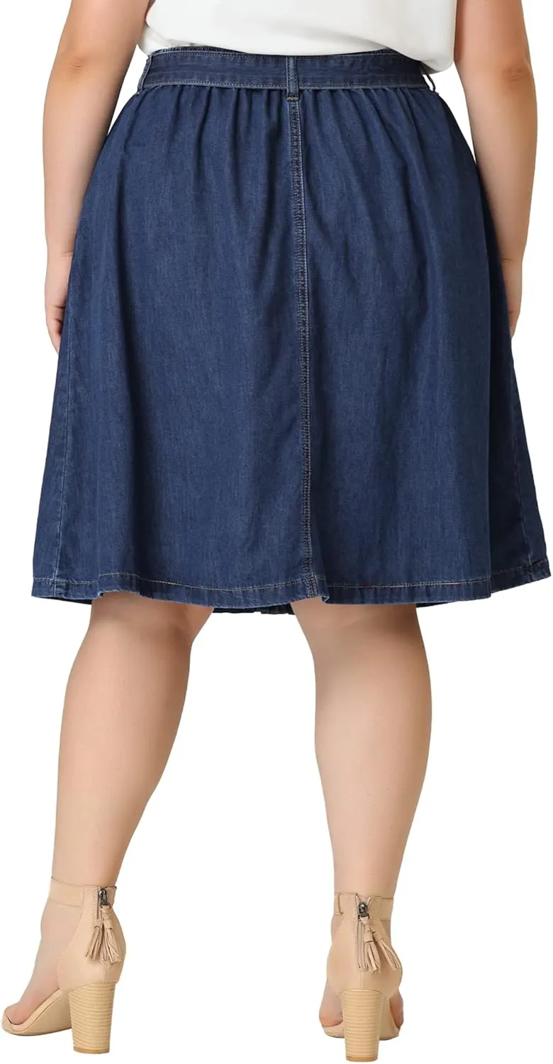 Agnes Orinda Plus Size Women's Denim Skirts Tie Waist A-Line with Pockets Midi Summer Jeans Skirts