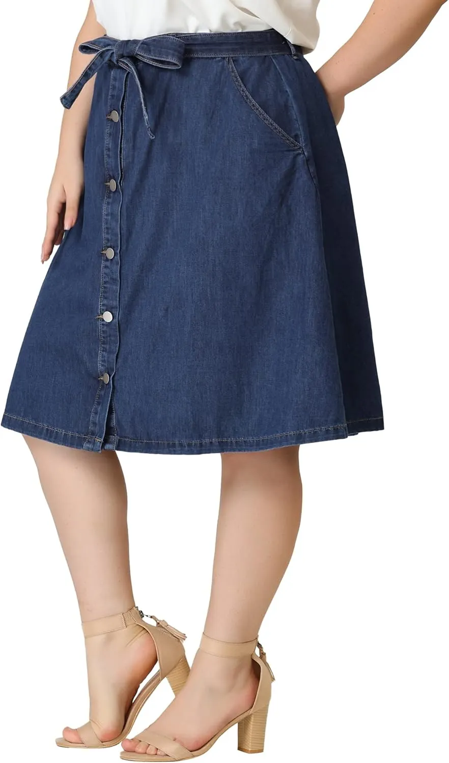 Agnes Orinda Plus Size Women's Denim Skirts Tie Waist A-Line with Pockets Midi Summer Jeans Skirts