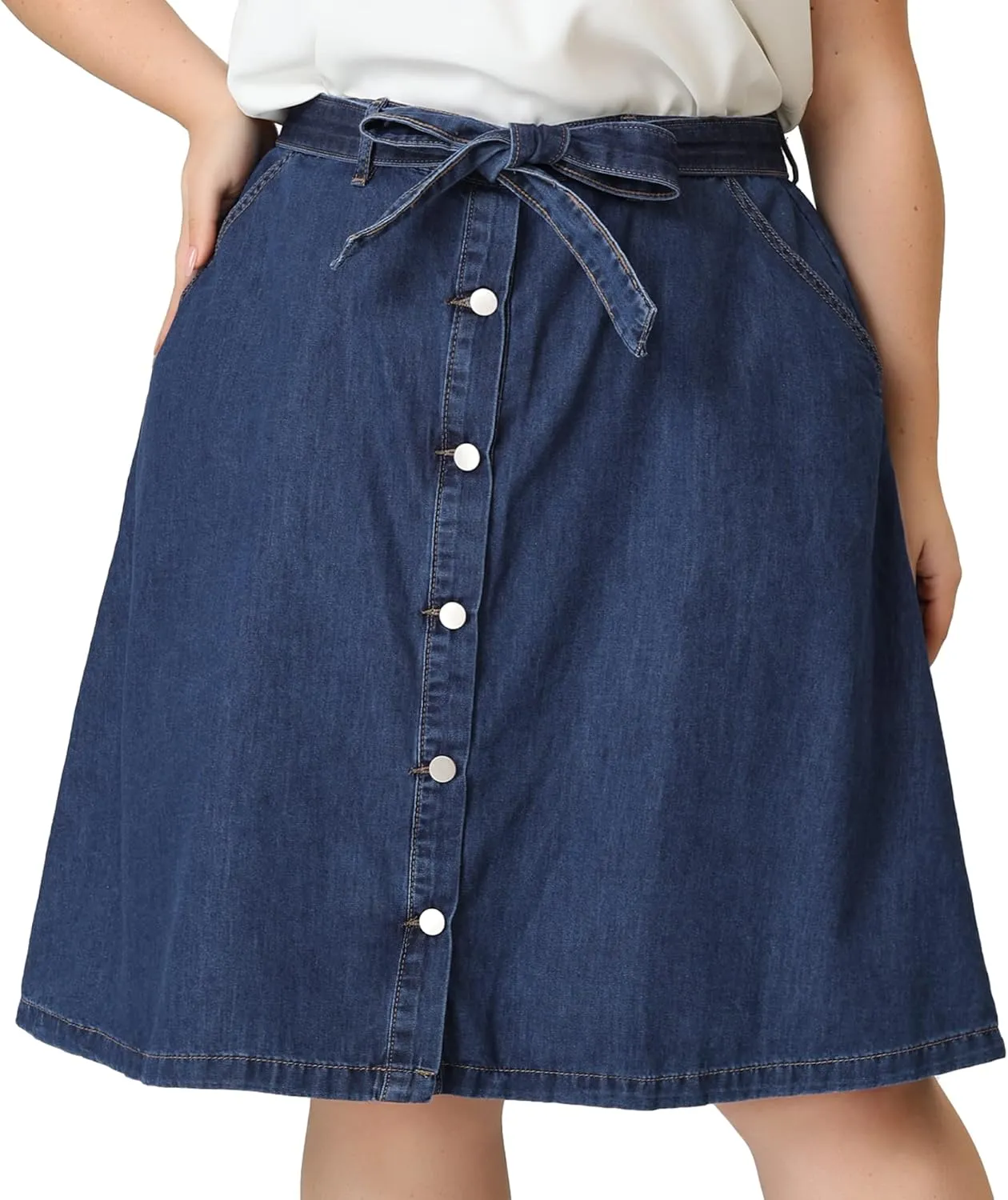 Agnes Orinda Plus Size Women's Denim Skirts Tie Waist A-Line with Pockets Midi Summer Jeans Skirts