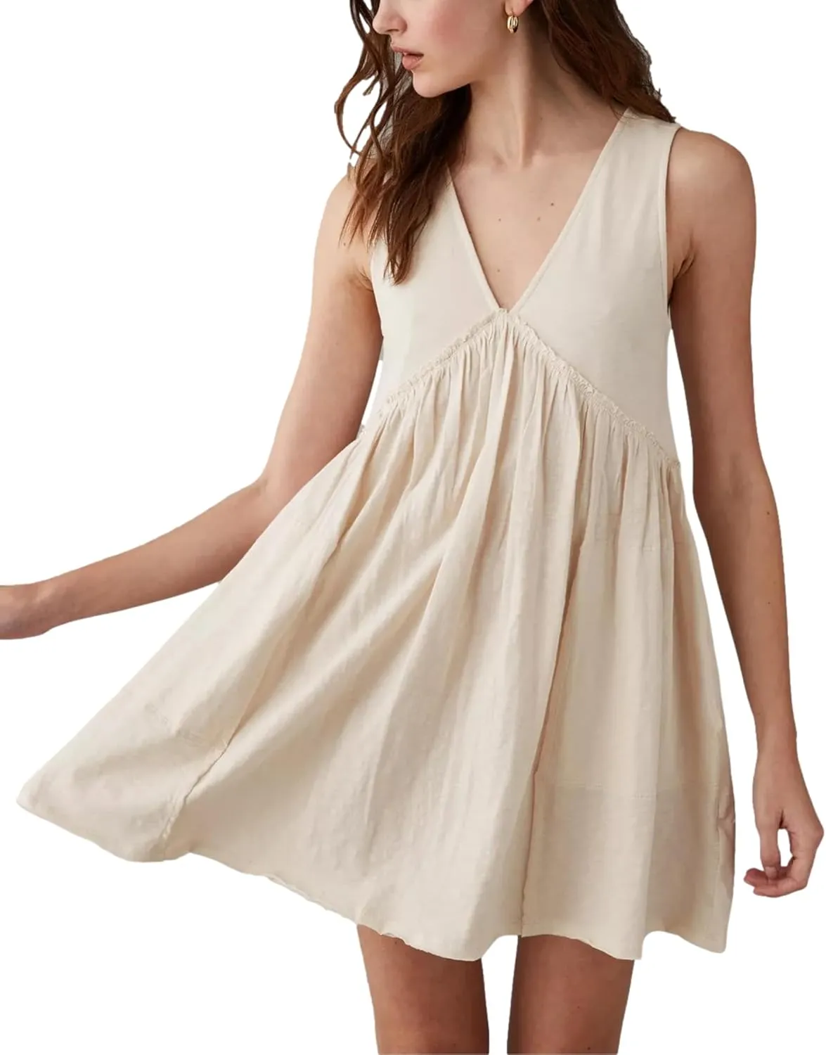 Aimiray Women's Casual Sleeveless Mini Dress Loose V Neck Backless Pleated Short Tank Sundress with Pockets