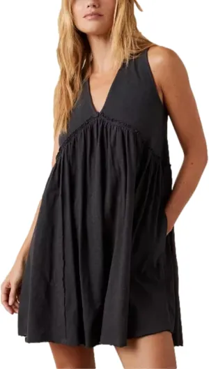 Aimiray Women's Casual Sleeveless Mini Dress Loose V Neck Backless Pleated Short Tank Sundress with Pockets
