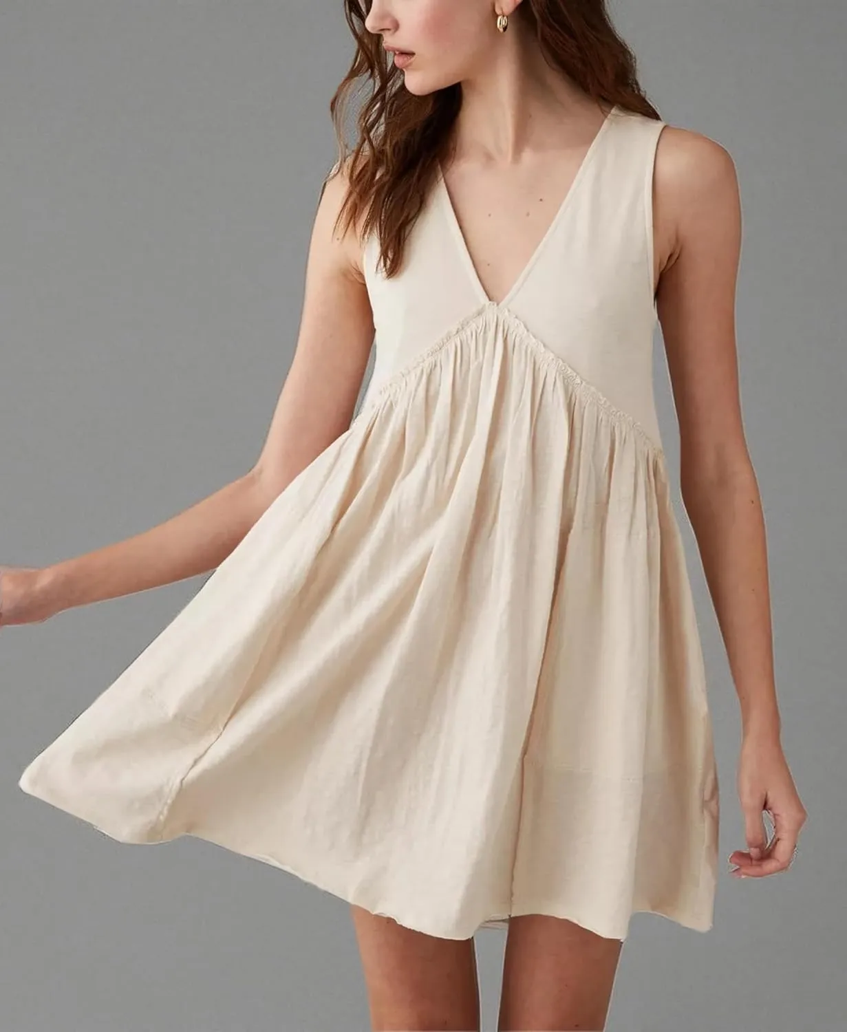 Aimiray Women's Casual Sleeveless Mini Dress Loose V Neck Backless Pleated Short Tank Sundress with Pockets
