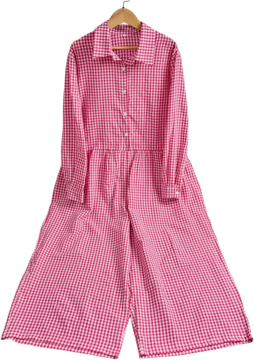 Akivide Women's Casual Loose Plaid Jumpsuits Long Sleeve Button Up Collared Pleated Wide Leg Long Pant Overalls Rompers