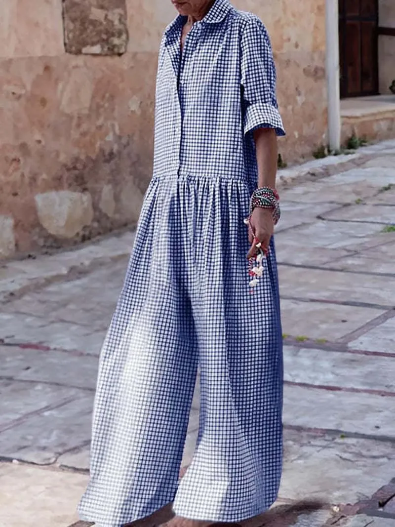Akivide Women's Casual Loose Plaid Jumpsuits Long Sleeve Button Up Collared Pleated Wide Leg Long Pant Overalls Rompers