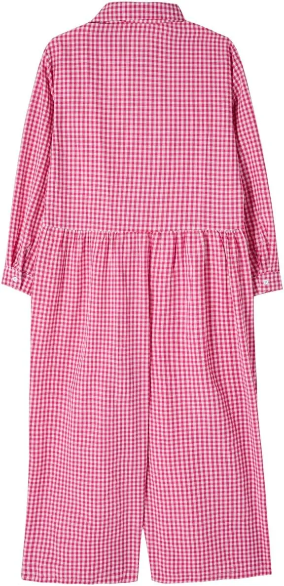 Akivide Women's Casual Loose Plaid Jumpsuits Long Sleeve Button Up Collared Pleated Wide Leg Long Pant Overalls Rompers