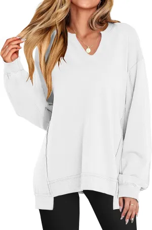 ANRABESS Womens Oversized Sweatshirts V Neck Long Sleeve Tunic Lightweight Pullover Shirts 2025 Fall Tops Teen Girls Outfits
