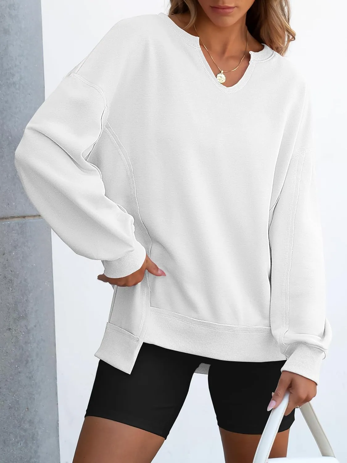 ANRABESS Womens Oversized Sweatshirts V Neck Long Sleeve Tunic Lightweight Pullover Shirts 2025 Fall Tops Teen Girls Outfits