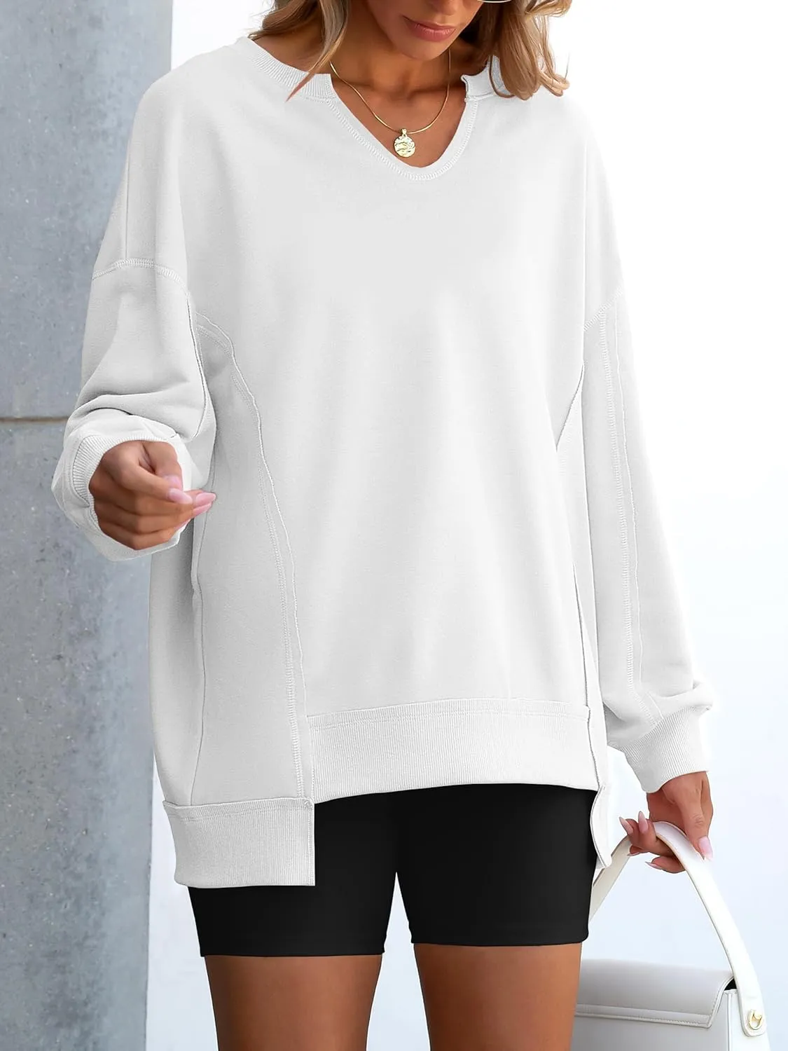 ANRABESS Womens Oversized Sweatshirts V Neck Long Sleeve Tunic Lightweight Pullover Shirts 2025 Fall Tops Teen Girls Outfits
