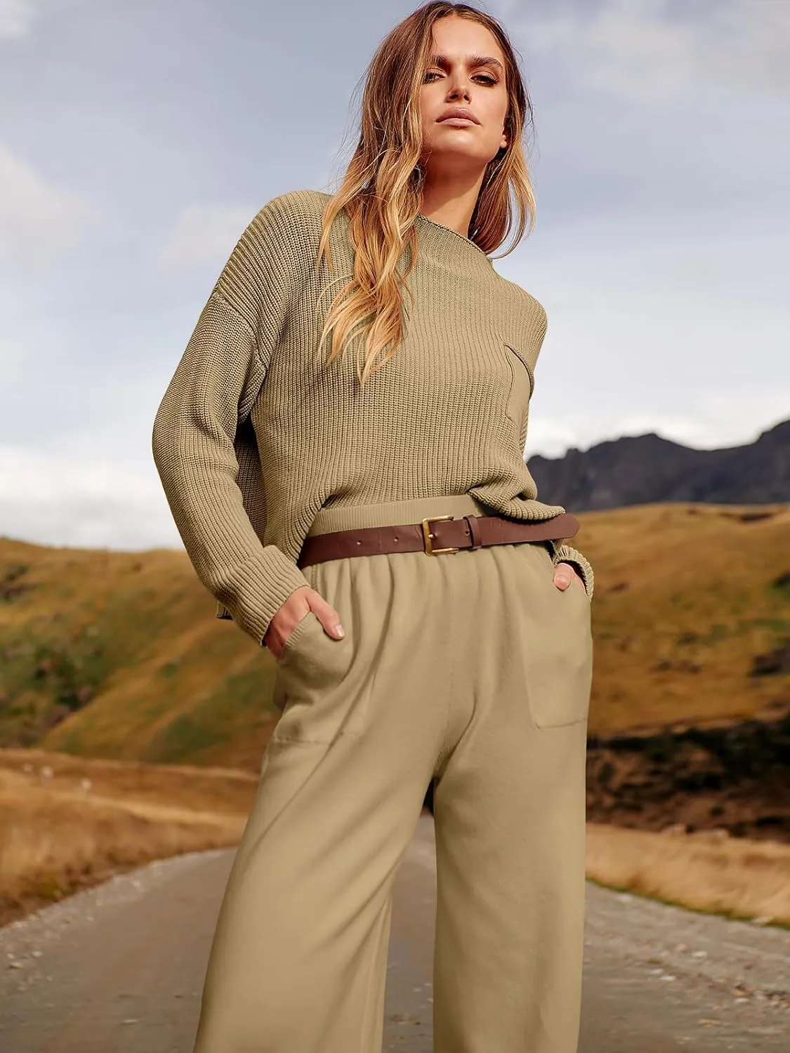 ANRABESS Women's Two Piece Outfits Long Sleeve Knit Top Fall Sweater Set Oversized Pants Tracksuit Lounge Sets