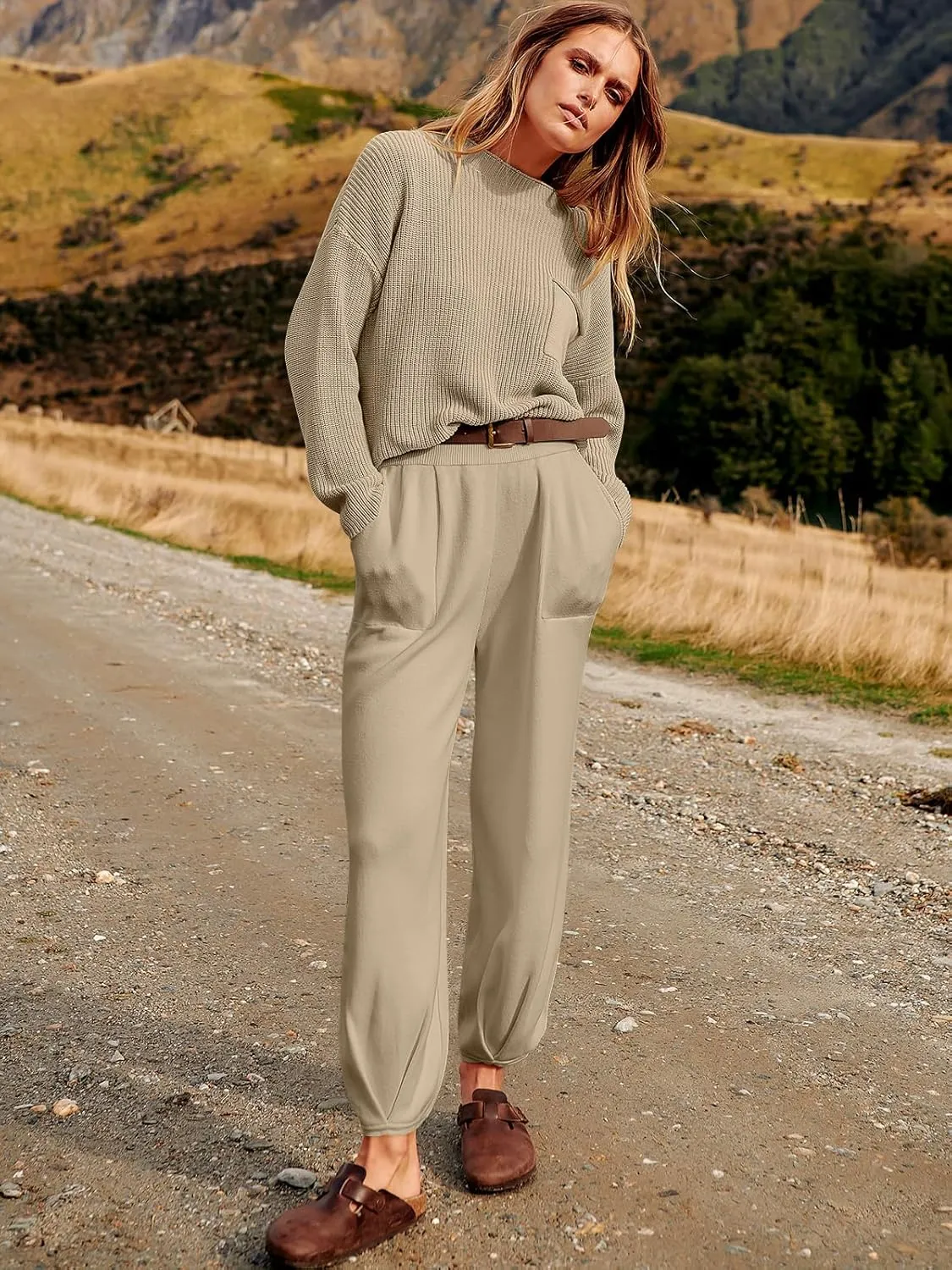 ANRABESS Women's Two Piece Outfits Long Sleeve Knit Top Fall Sweater Set Oversized Pants Tracksuit Lounge Sets