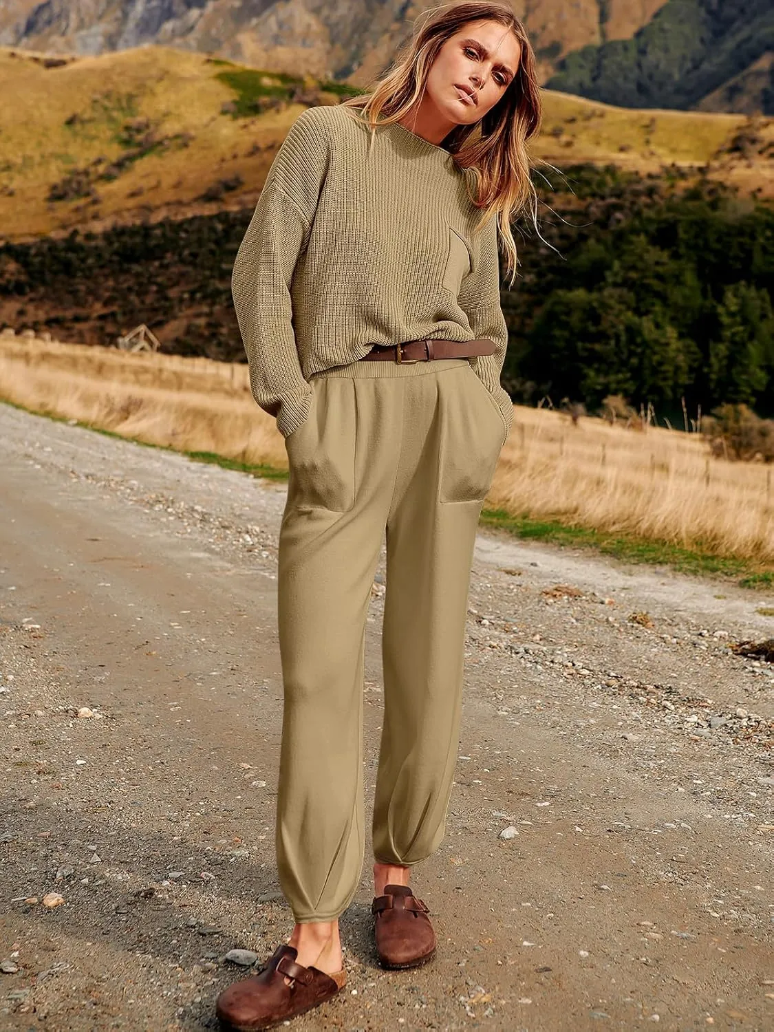 ANRABESS Women's Two Piece Outfits Long Sleeve Knit Top Fall Sweater Set Oversized Pants Tracksuit Lounge Sets