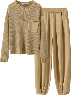 ANRABESS Women's Two Piece Outfits Long Sleeve Knit Top Fall Sweater Set Oversized Pants Tracksuit Lounge Sets