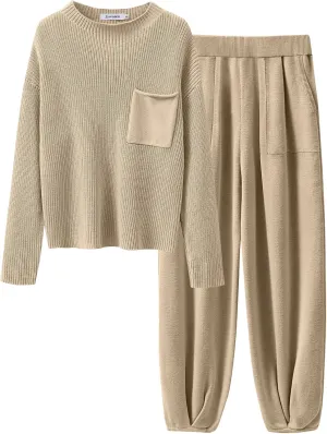 ANRABESS Women's Two Piece Outfits Long Sleeve Knit Top Fall Sweater Set Oversized Pants Tracksuit Lounge Sets