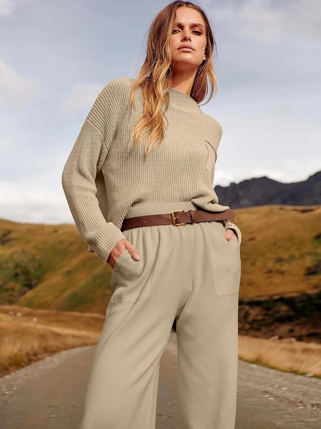 ANRABESS Women's Two Piece Outfits Long Sleeve Knit Top Fall Sweater Set Oversized Pants Tracksuit Lounge Sets