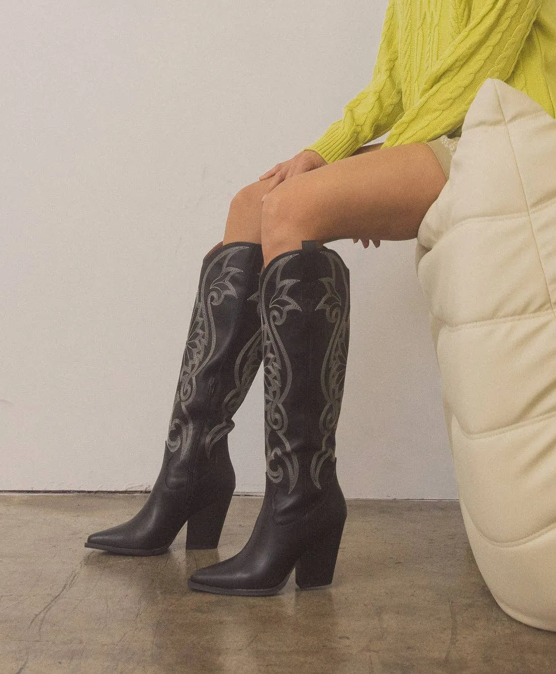Astrid Black Knee High Embroidered Cowboy Western Boot