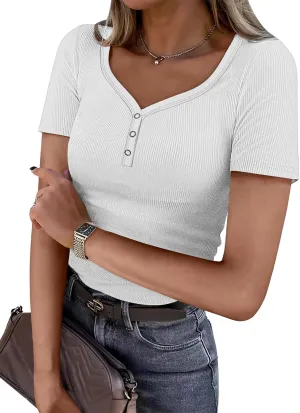 ATHMILE Womens Summer Short Sleeve V Neck Ribbed Knit Button T Shirts Henley Solid Color Trendy BasicTee