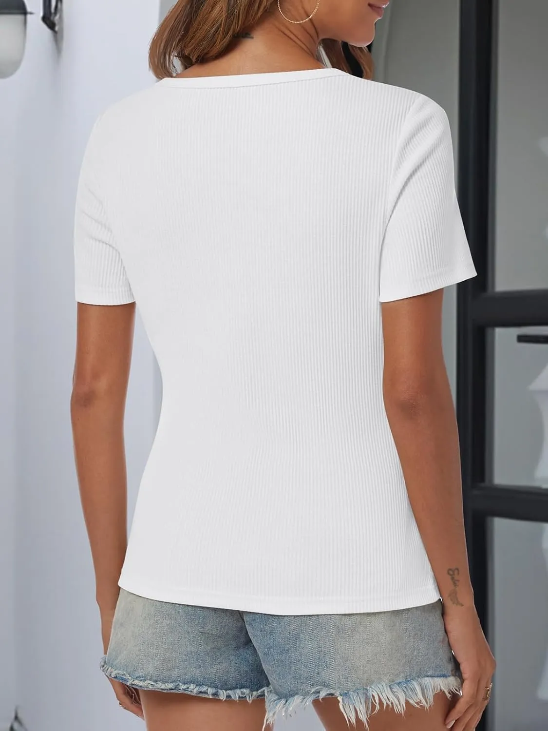 ATHMILE Womens Summer Short Sleeve V Neck Ribbed Knit Button T Shirts Henley Solid Color Trendy BasicTee