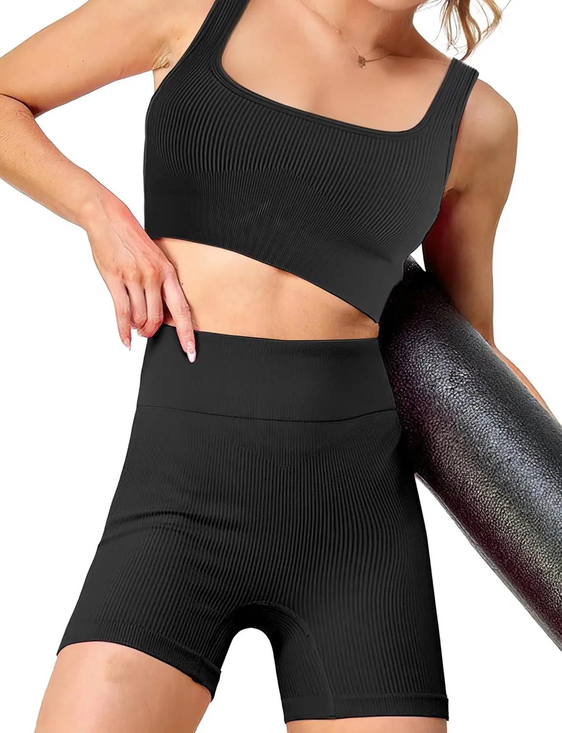 AURUZA 2PCS Workout Shorts Women, High Waist Biker Seamless Ribbed Athletic Yoga Gym Shorts Leggings, Blue, Solid