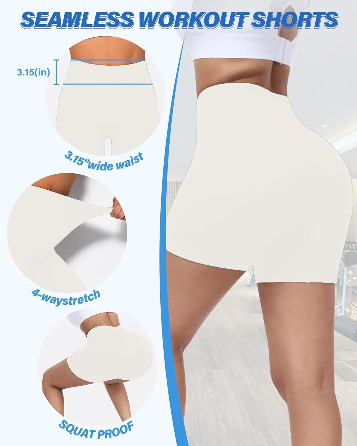 AURUZA 2PCS Workout Shorts Women, High Waist Biker Seamless Ribbed Athletic Yoga Gym Shorts Leggings, Blue, Solid