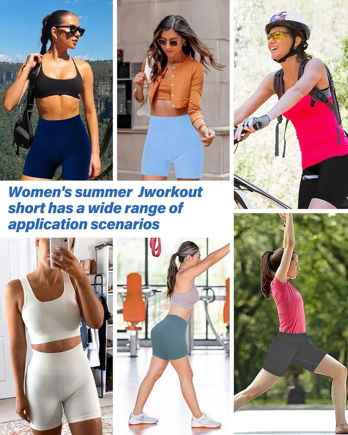 AURUZA 2PCS Workout Shorts Women, High Waist Biker Seamless Ribbed Athletic Yoga Gym Shorts Leggings, Blue, Solid