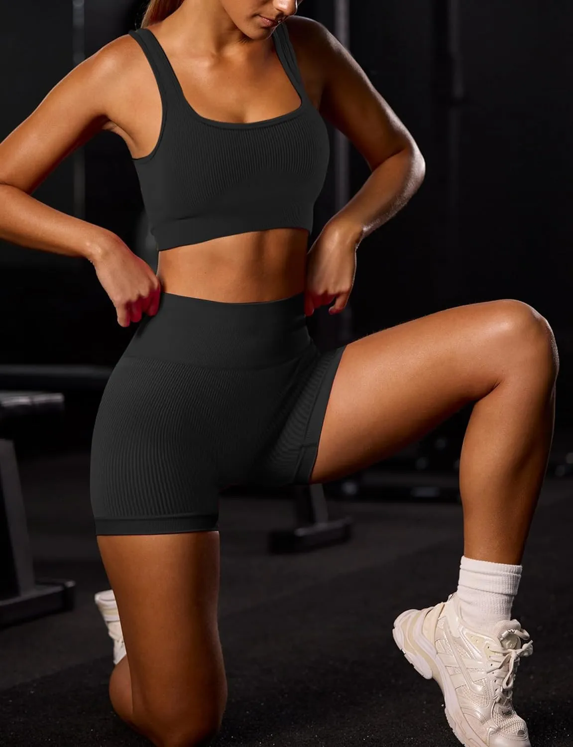 AURUZA 2PCS Workout Shorts Women, High Waist Biker Seamless Ribbed Athletic Yoga Gym Shorts Leggings, Blue, Solid