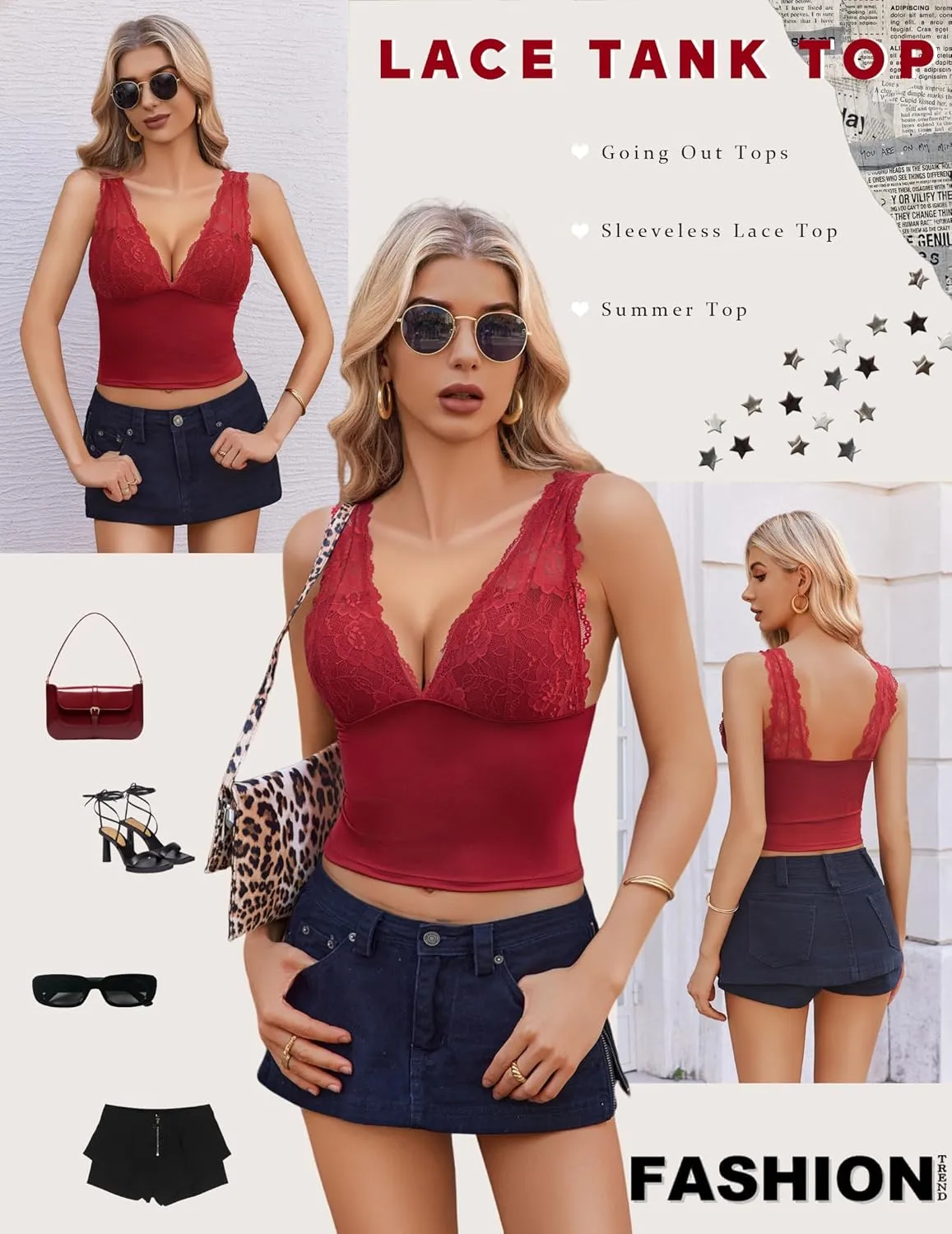 Avidlove Tank Top for Women Summer Lace Going Out Tops Sexy V Neck Sleeveless Y2k Lace Crop Tops