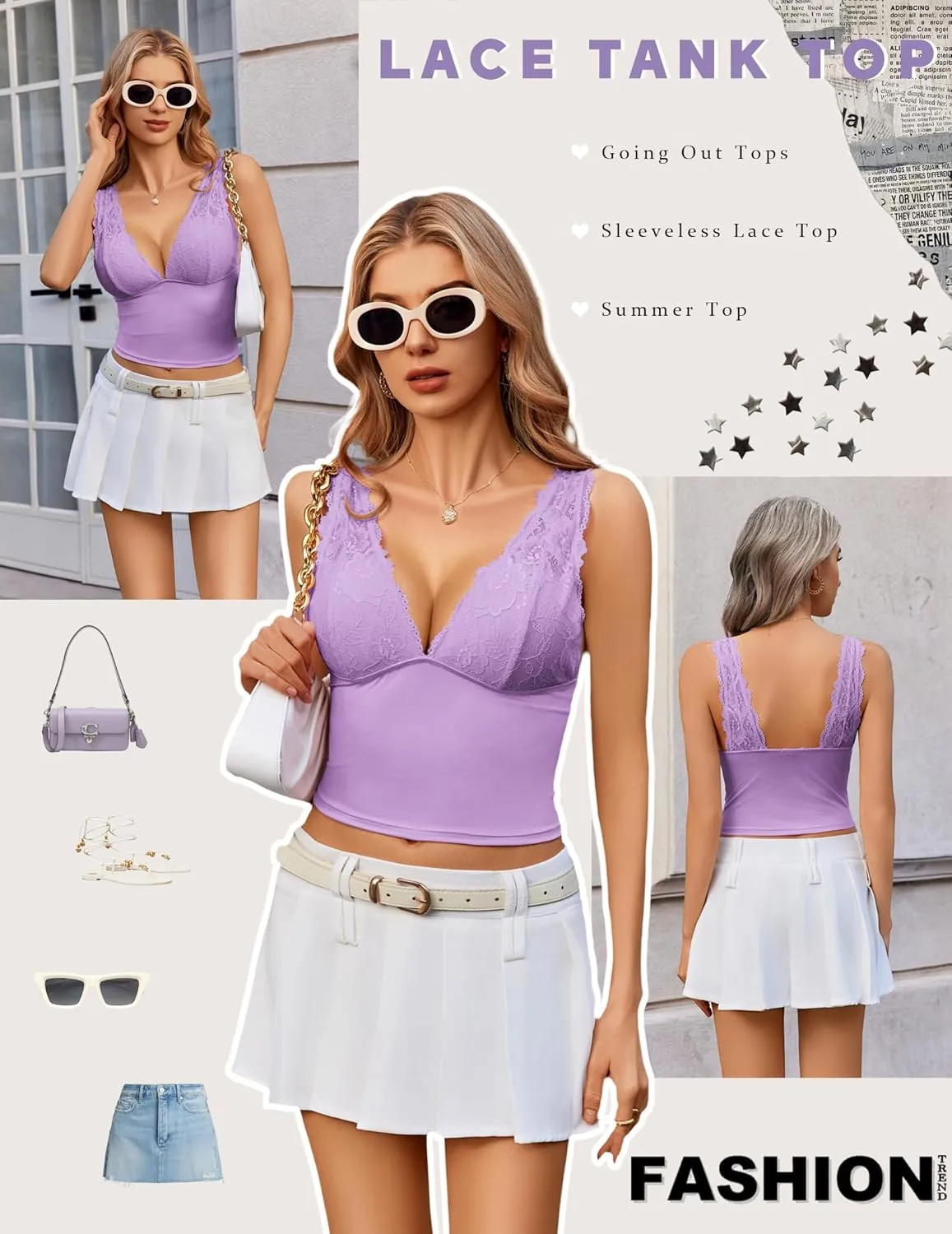 Avidlove Tank Top for Women Summer Lace Going Out Tops Sexy V Neck Sleeveless Y2k Lace Crop Tops