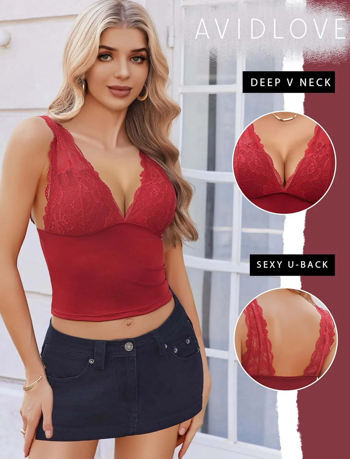 Avidlove Tank Top for Women Summer Lace Going Out Tops Sexy V Neck Sleeveless Y2k Lace Crop Tops