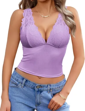 Avidlove Tank Top for Women Summer Lace Going Out Tops Sexy V Neck Sleeveless Y2k Lace Crop Tops