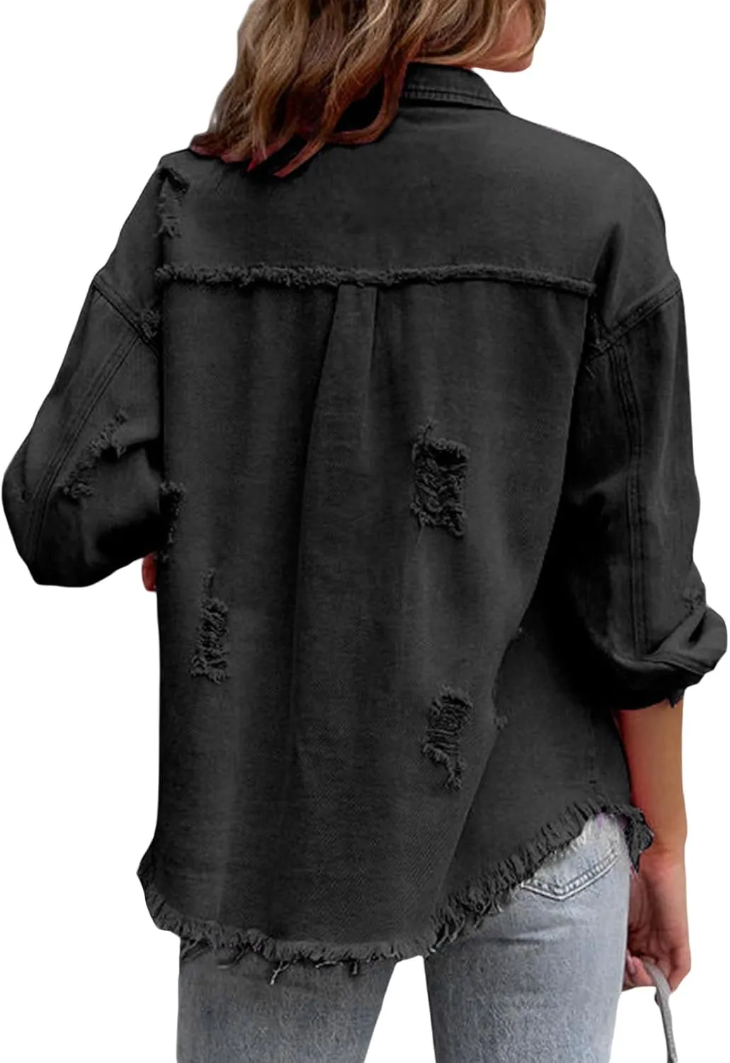 Awoscut Women's Basic Long Sleeve Ripped Distressed Denim Jacket Button Down Boyfriend Jean Coat Trucker Jackets Fall Top