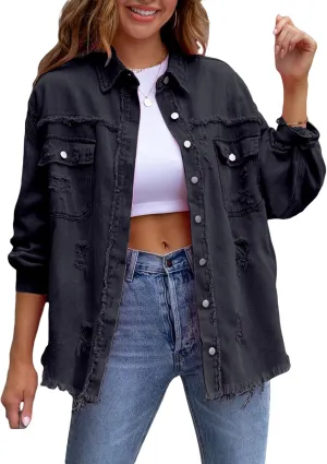 Awoscut Women's Basic Long Sleeve Ripped Distressed Denim Jacket Button Down Boyfriend Jean Coat Trucker Jackets Fall Top