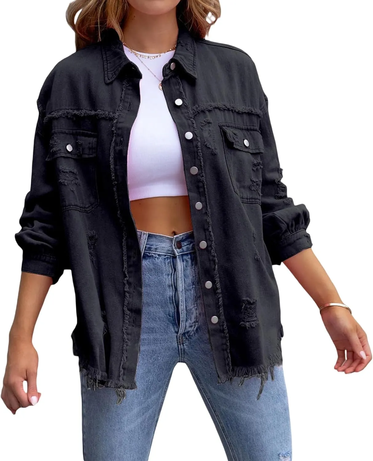 Awoscut Women's Basic Long Sleeve Ripped Distressed Denim Jacket Button Down Boyfriend Jean Coat Trucker Jackets Fall Top