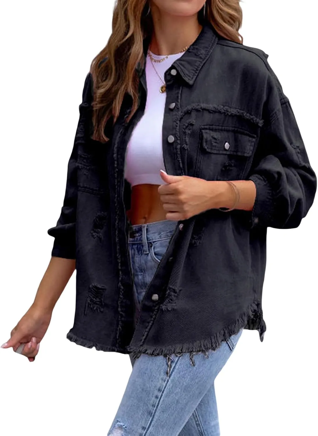 Awoscut Women's Basic Long Sleeve Ripped Distressed Denim Jacket Button Down Boyfriend Jean Coat Trucker Jackets Fall Top