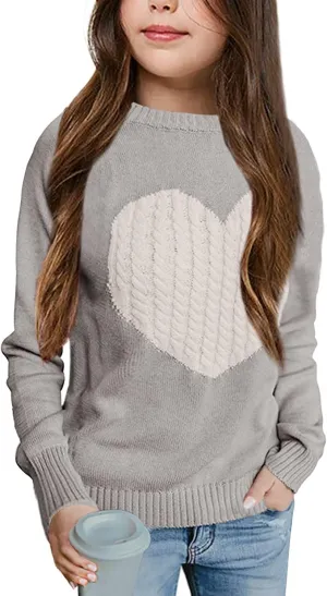 Batermoon Girls' Pullover Sweaters Long Sleeve Cute Heart Pattern Crewneck Knit Jumper Tops