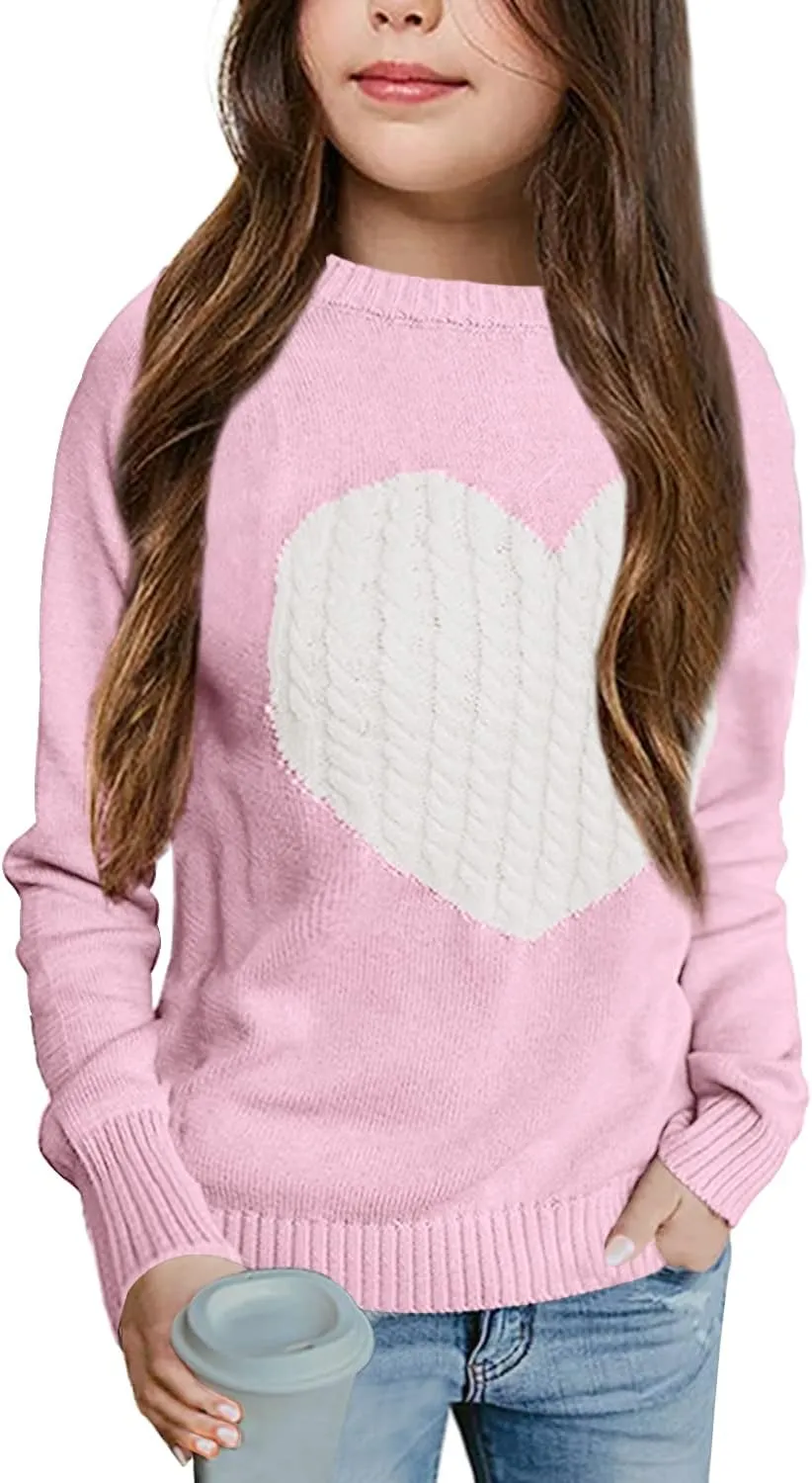 Batermoon Girls' Pullover Sweaters Long Sleeve Cute Heart Pattern Crewneck Knit Jumper Tops