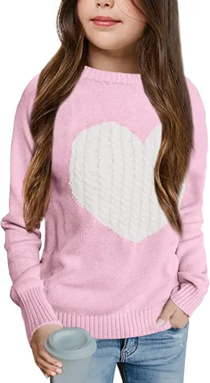 Batermoon Girls' Pullover Sweaters Long Sleeve Cute Heart Pattern Crewneck Knit Jumper Tops
