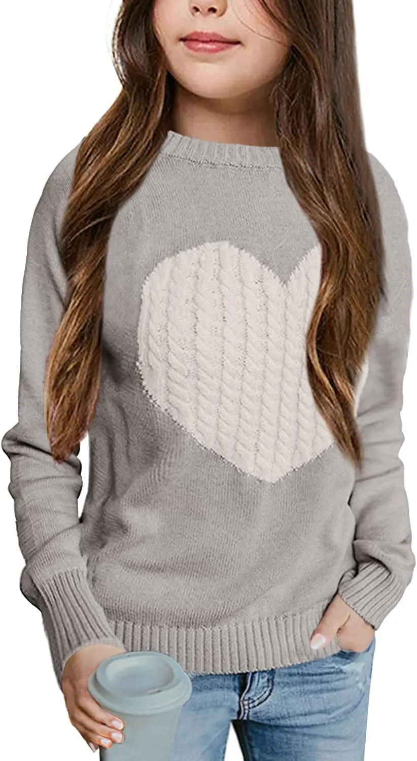 Batermoon Girls' Pullover Sweaters Long Sleeve Cute Heart Pattern Crewneck Knit Jumper Tops
