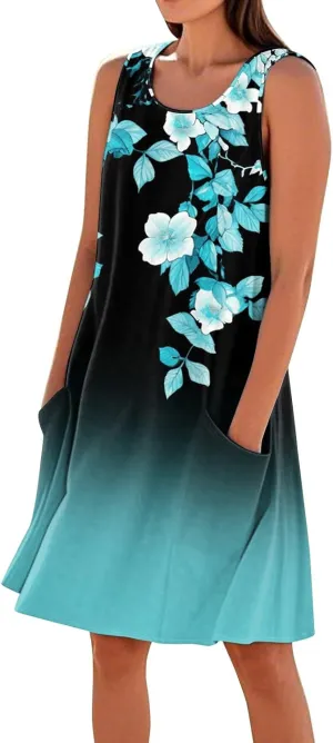 Beach Vacation Clothes for Women Casual Sleeveless A-Line Dress with Pockets Soft Lightweight Summer Sundress