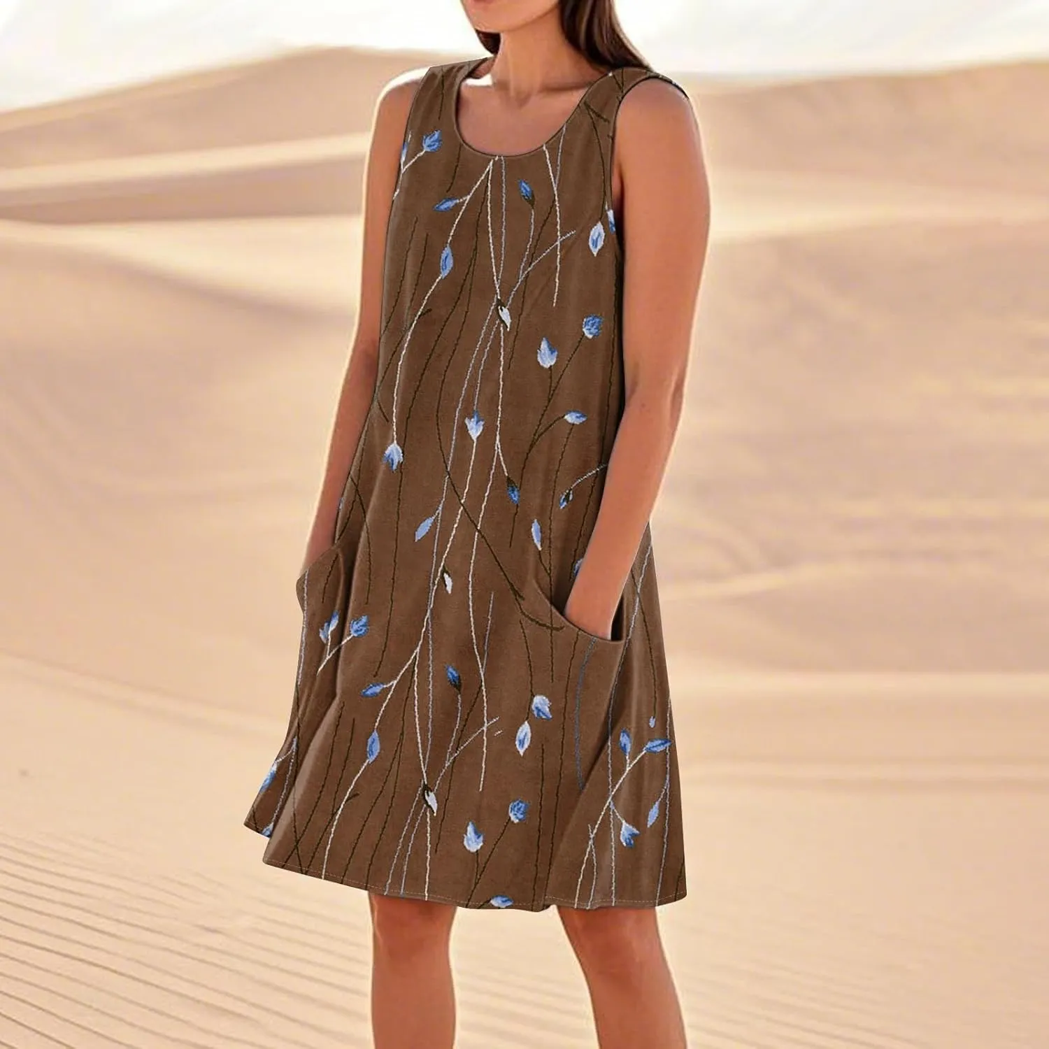 Beach Vacation Clothes for Women Casual Sleeveless A-Line Dress with Pockets Soft Lightweight Summer Sundress