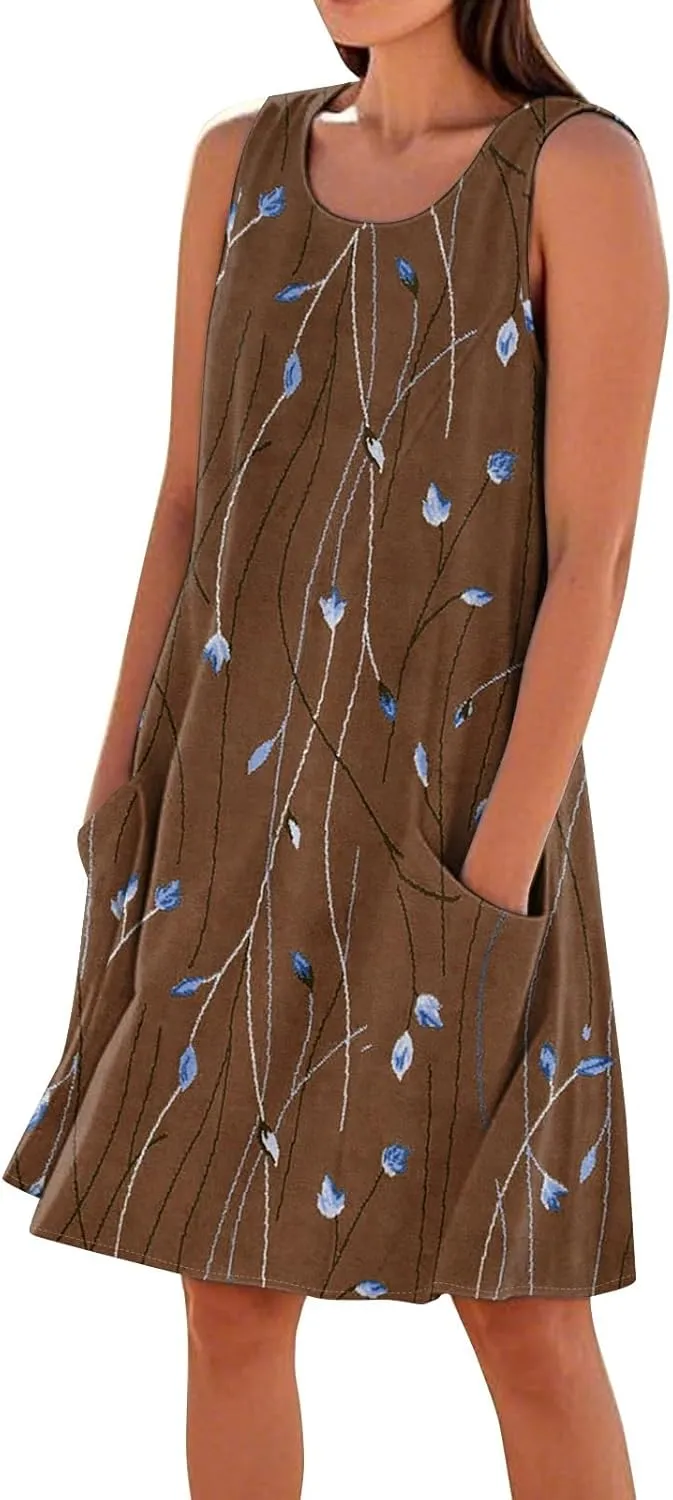 Beach Vacation Clothes for Women Casual Sleeveless A-Line Dress with Pockets Soft Lightweight Summer Sundress