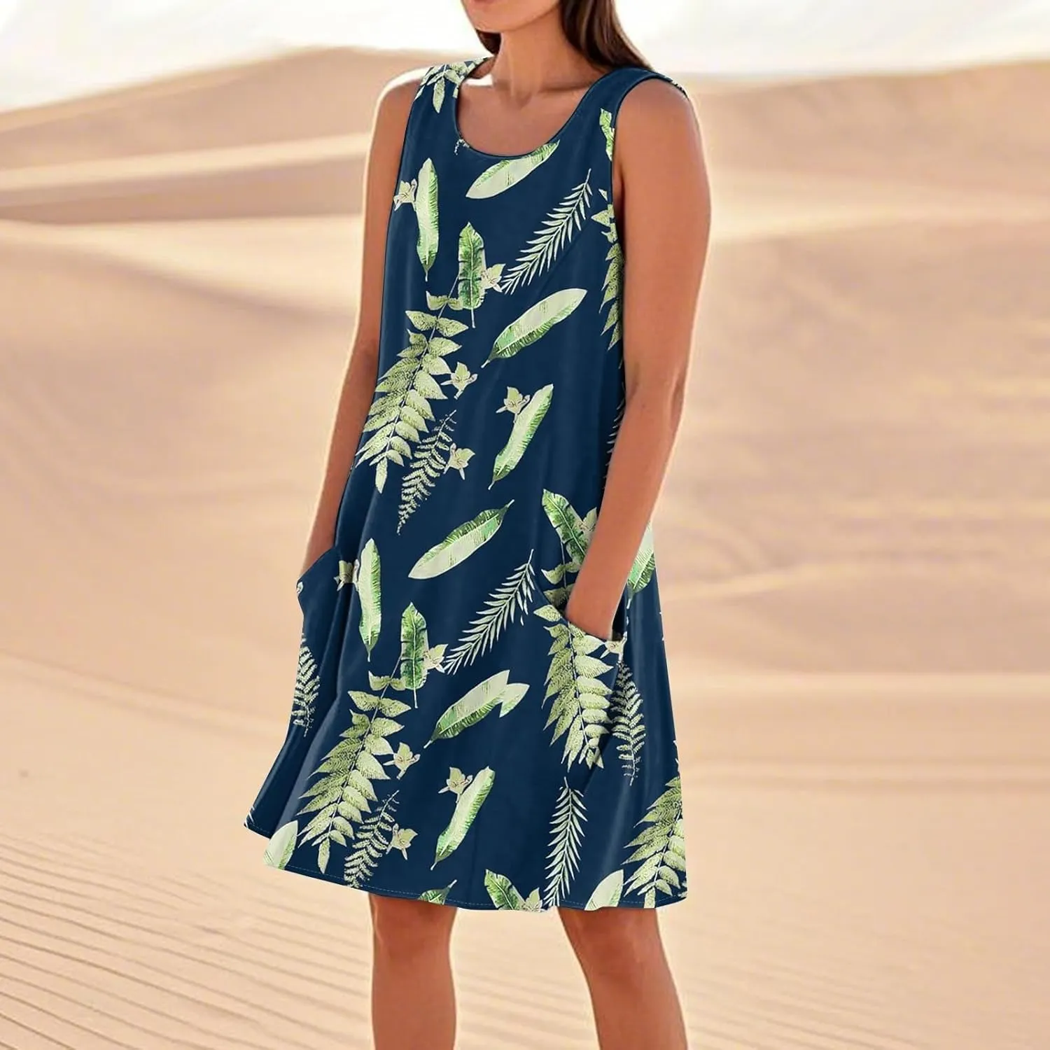 Beach Vacation Clothes for Women Casual Sleeveless A-Line Dress with Pockets Soft Lightweight Summer Sundress
