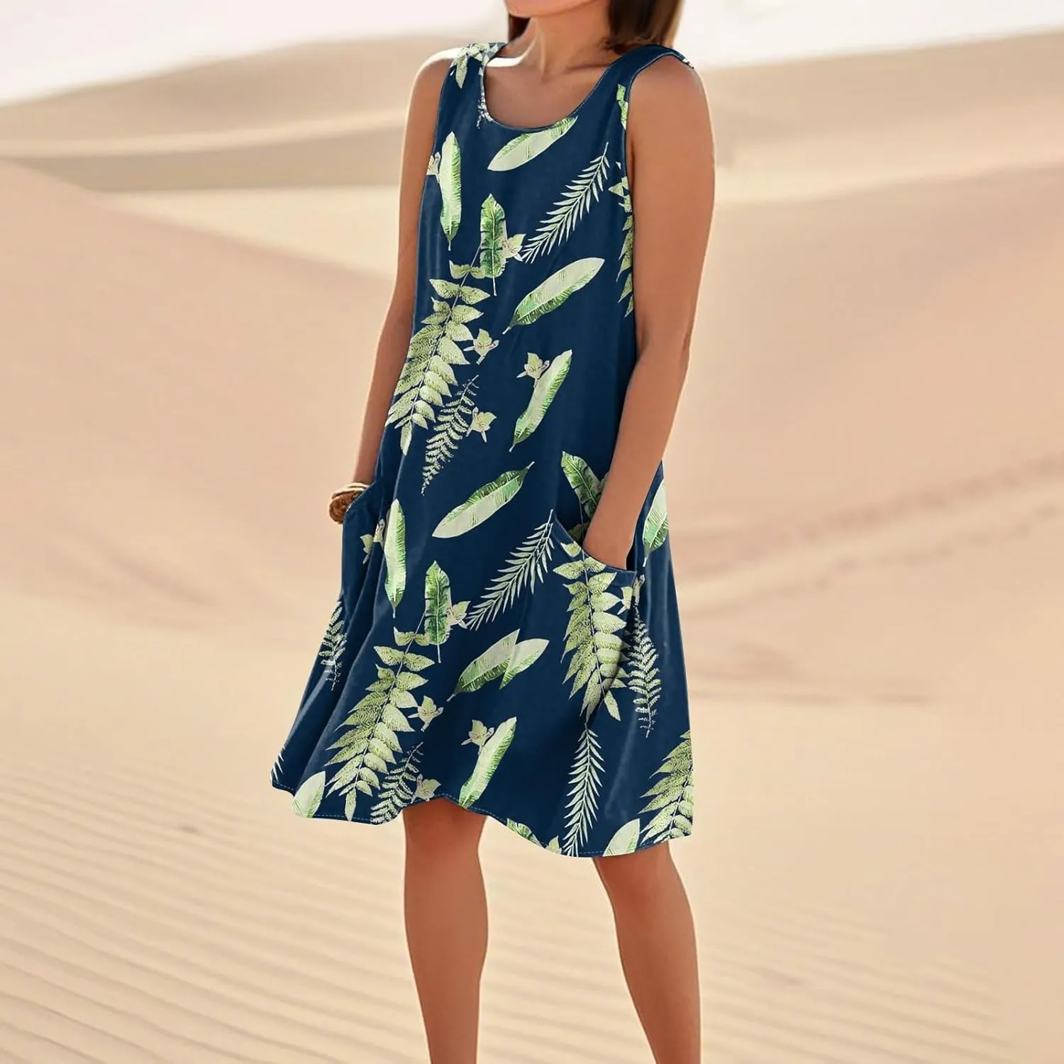 Beach Vacation Clothes for Women Casual Sleeveless A-Line Dress with Pockets Soft Lightweight Summer Sundress