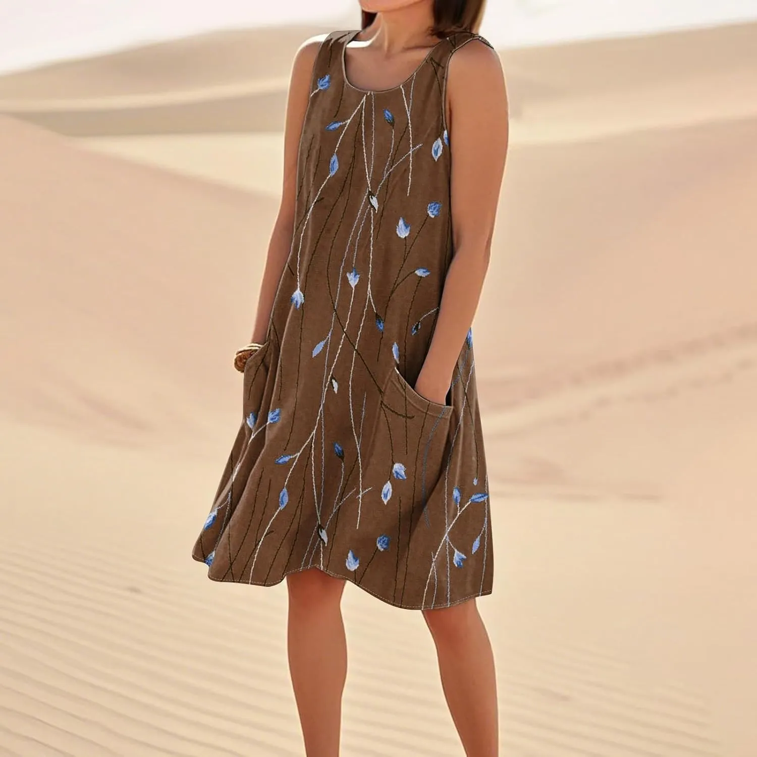 Beach Vacation Clothes for Women Casual Sleeveless A-Line Dress with Pockets Soft Lightweight Summer Sundress