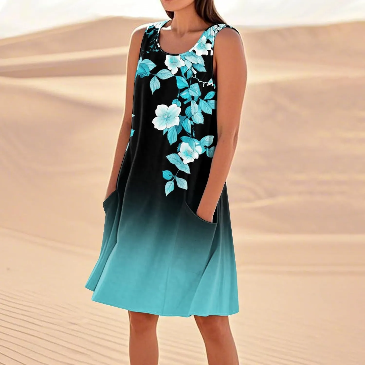 Beach Vacation Clothes for Women Casual Sleeveless A-Line Dress with Pockets Soft Lightweight Summer Sundress