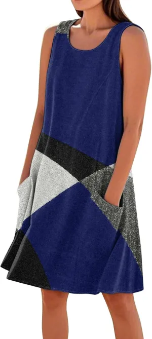 Beach Vacation Clothes for Women Casual Sleeveless A-Line Dress with Pockets Soft Lightweight Summer Sundress