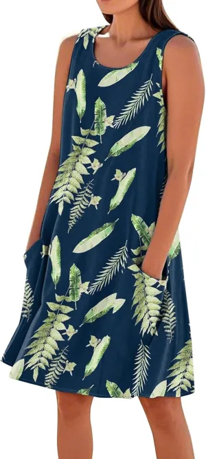 Beach Vacation Clothes for Women Casual Sleeveless A-Line Dress with Pockets Soft Lightweight Summer Sundress