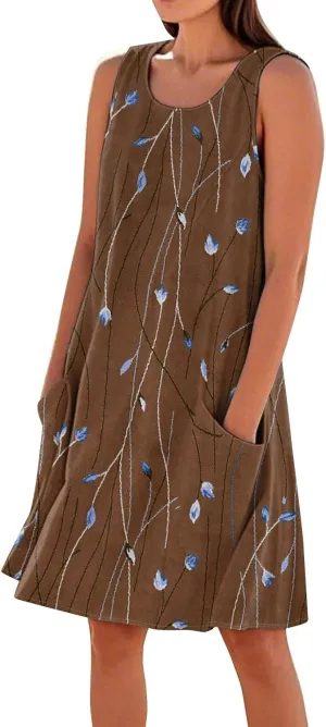 Beach Vacation Clothes for Women Casual Sleeveless A-Line Dress with Pockets Soft Lightweight Summer Sundress