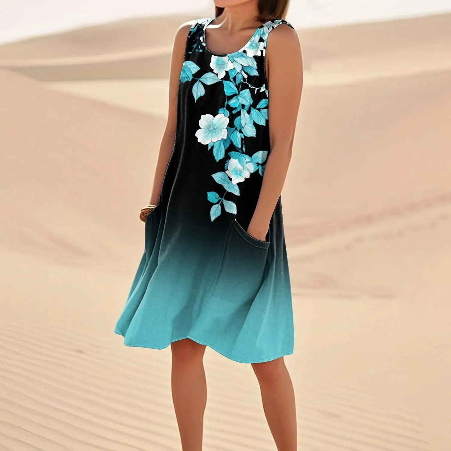 Beach Vacation Clothes for Women Casual Sleeveless A-Line Dress with Pockets Soft Lightweight Summer Sundress